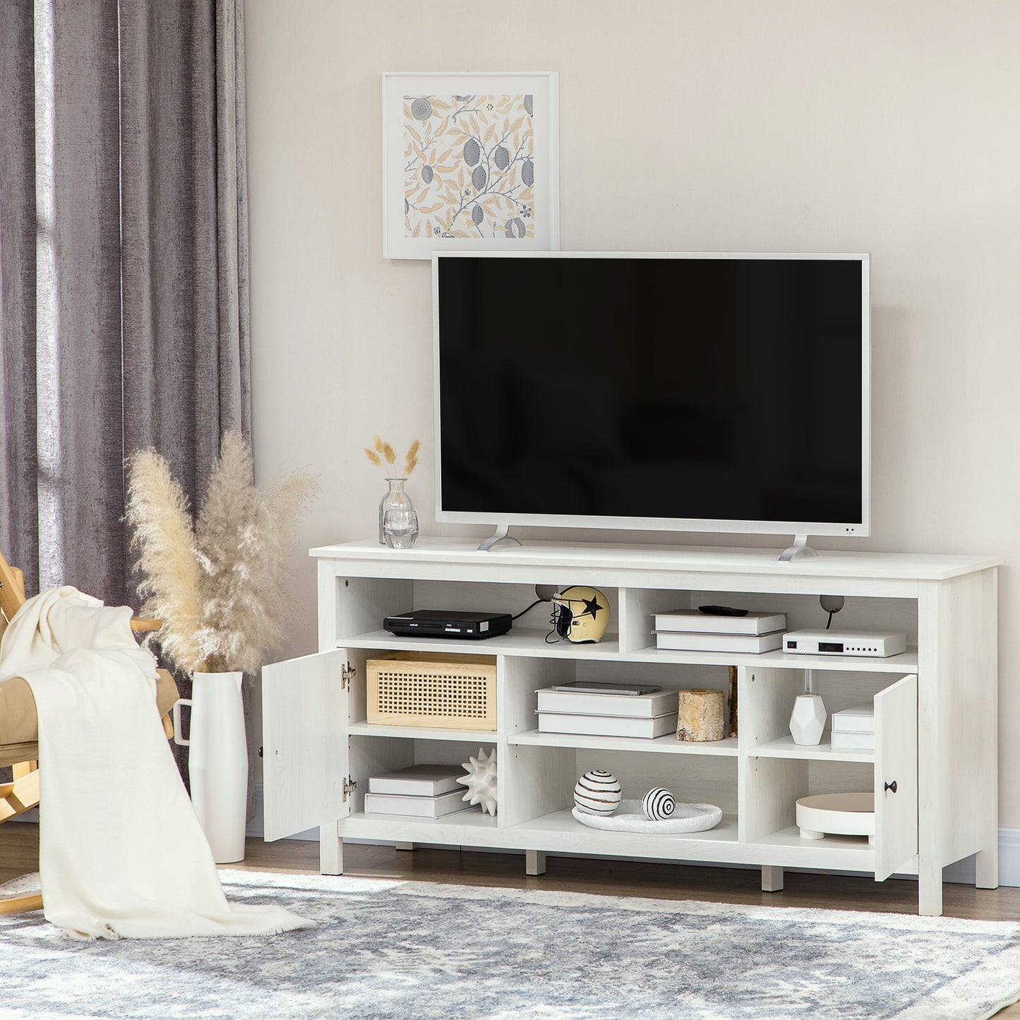 Meuble TV pour téléviseurs jusqu'à 55 pouces avec placard de rangement et étagères, blanc