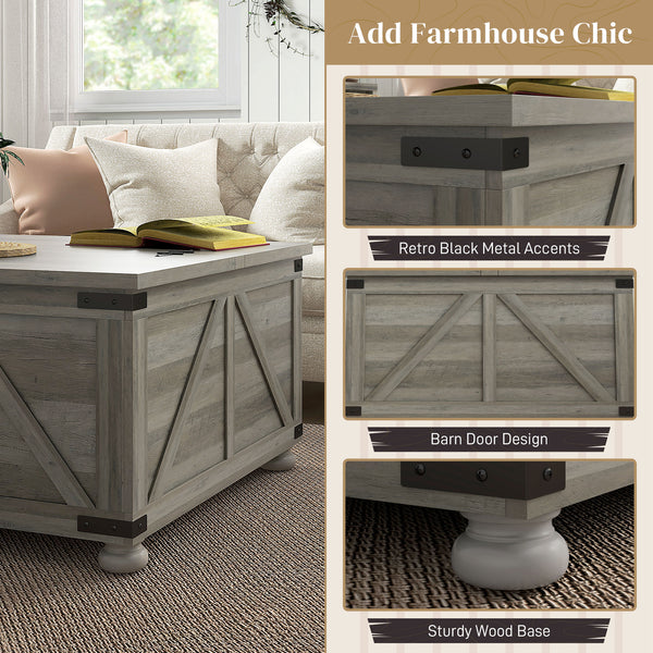 Table basse de style farmhouse avec couvercles rabattables, gris vieilli