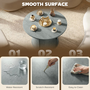 Table basse ronde avec base cannelée et rangement caché à porte coulissante – Gris ciment