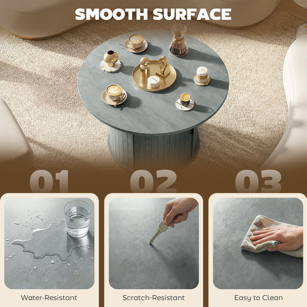 Table basse ronde avec base cannelée et rangement caché à porte coulissante – Gris ciment
