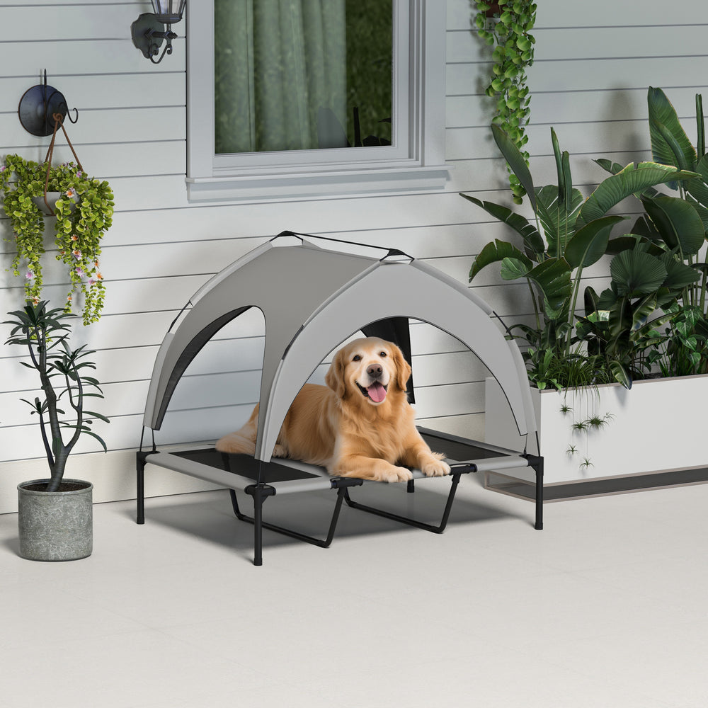 Lit surélevé pour chien avec auvent en maille respirante, gris clair