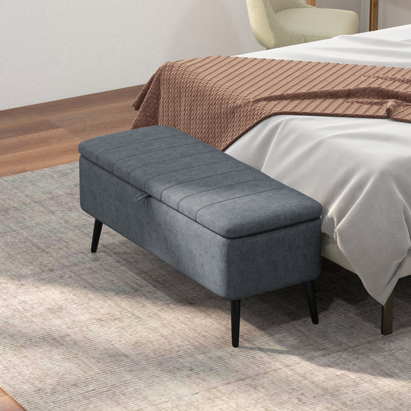 Banc ottoman de rangement rembourré en lin et pieds en acier, gris foncé