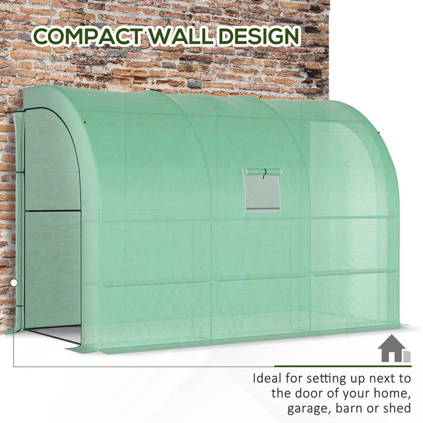 Lean-to greenhouse with 2 zippered doors, green