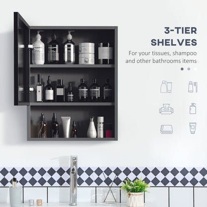 Armoire à miroir murale avec porte simple, étagères de rangement et cadre en acier inoxydable, noire