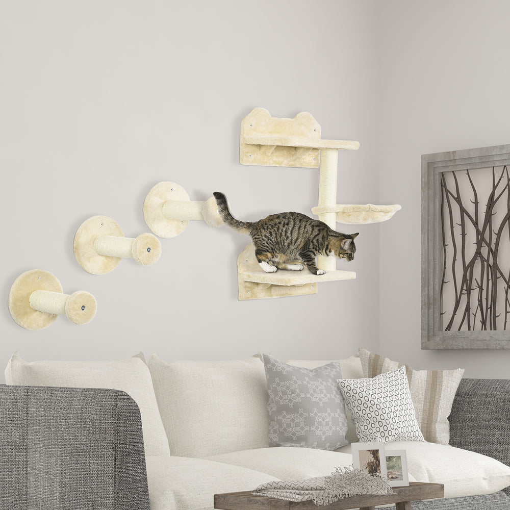 Étagère murale pour chat avec griffoir et hamac, beige
