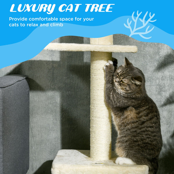 Arbre à chat du sol au plafond avec griffoir, maison et lit, beige