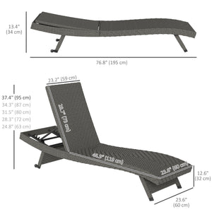 Chaise longue pliante d'extérieur en rotin avec dossier réglable sur 5 niveaux et roulettes, gris mélangé