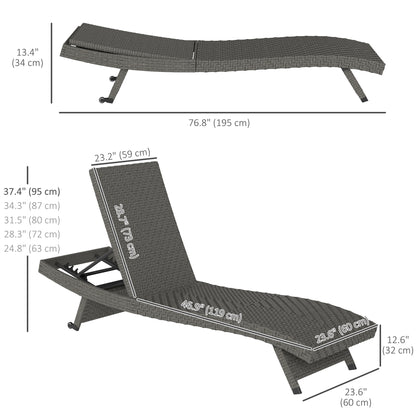 Chaise longue pliante d'extérieur Outsunny en rotin avec dossier réglable sur 5 niveaux et roulettes pour jardin et terrasse, gris mélangé