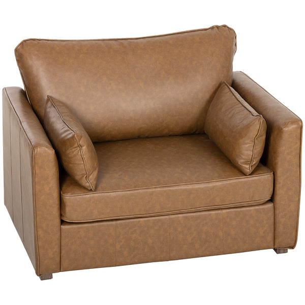 Faux leather accent chair with wide seat, spring cushion, rubberwood legs, 2 cushions, brown