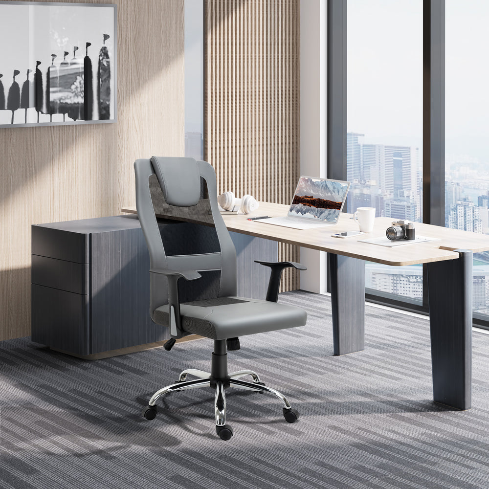 Ergonomic mesh office chair with thick padded headrest and armrests, grey.