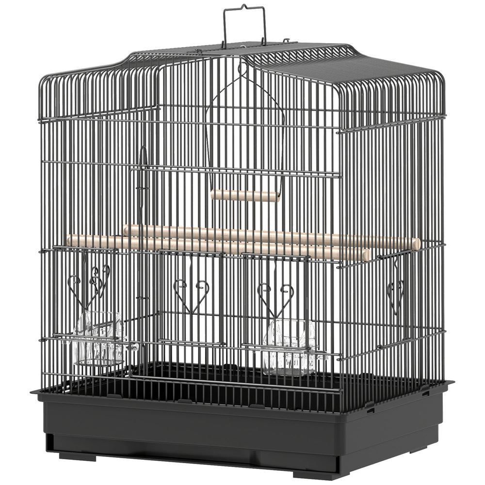 Cage à oiseaux 58 cm, pinsons, canaris, perroquets avec portes et perchoirs, 2 mangeoires, fournitures pour animaux, noir