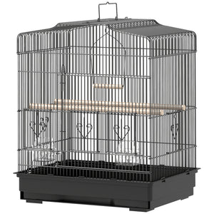 Cage à oiseaux 58 cm, pinsons, canaris, perroquets avec portes et perchoirs, 2 mangeoires, fournitures pour animaux, noir