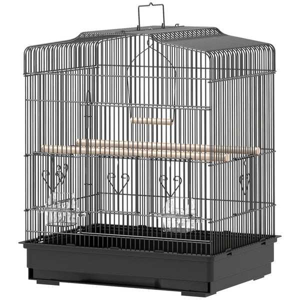 Cage à oiseaux 58 cm, pinsons, canaris, perroquets avec portes et perchoirs, 2 mangeoires, fournitures pour animaux, noir