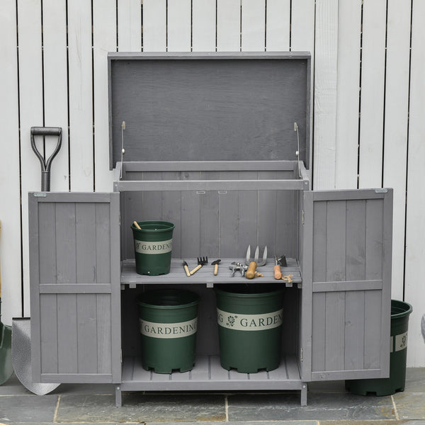 Wooden garden shed with hinged roof, 2-tier shelves and double door