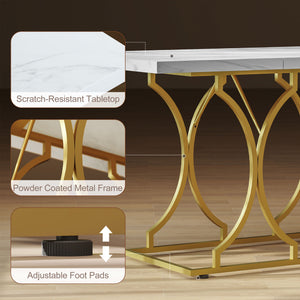 Table à manger pour 6 personnes, table de cuisine moderne à motif marbre avec piédestal en métal, blanche