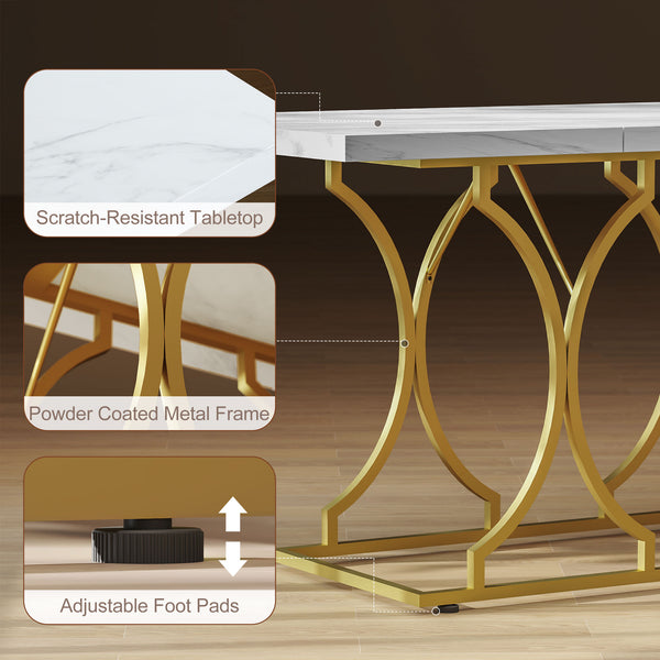 Table à manger pour 6 personnes, table de cuisine moderne à motif marbre avec piédestal en métal, blanche