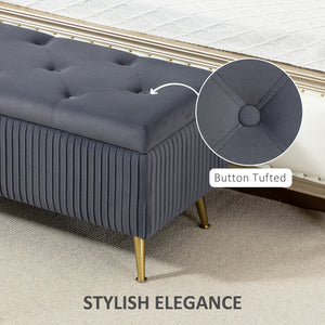 Banc coffre de rangement avec pieds en acier, assise rembourrée et repose-pieds, gris foncé