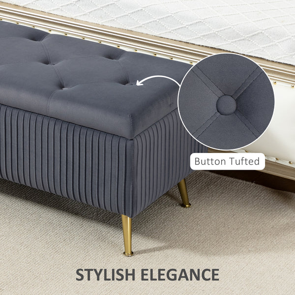 Banc coffre de rangement avec pieds en acier, assise rembourrée et repose-pieds, gris foncé
