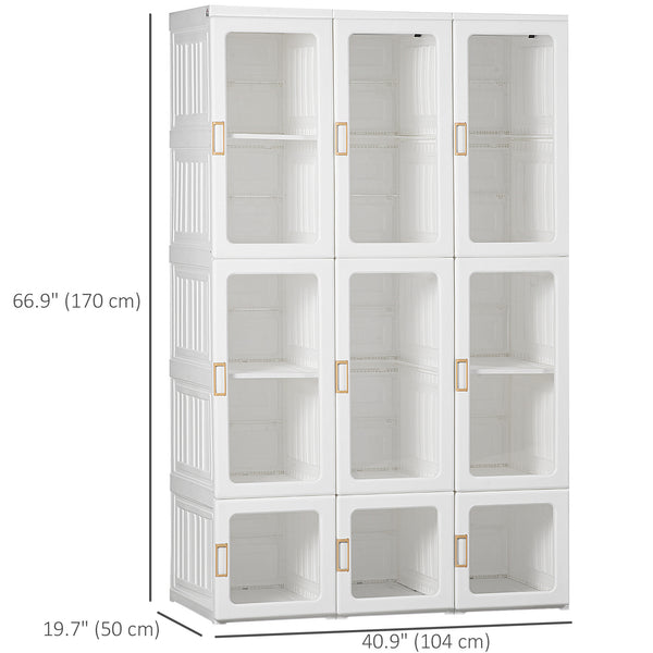 Placard pliable et portable avec rangements cubiques, barres de suspension et portes magnétiques, blanc