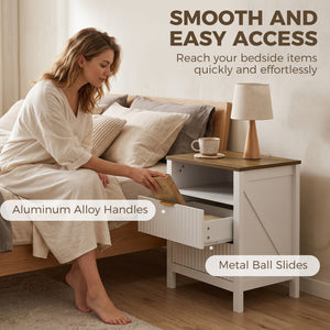 Modern Nightstand with 2 Fluted Drawers, Bedside Table with Open Storage Shelf, Anti-Tipping Design, White and Walnut