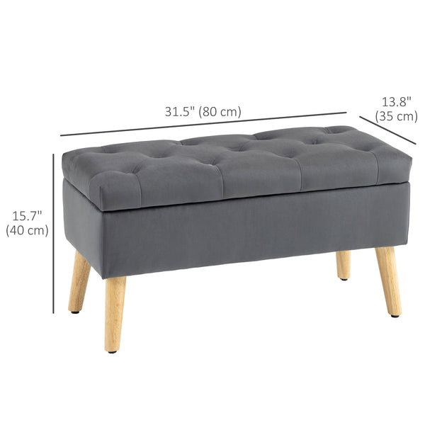 Pouf de rangement avec couvercle rembourré en velours et pieds en bois, gris anthracite