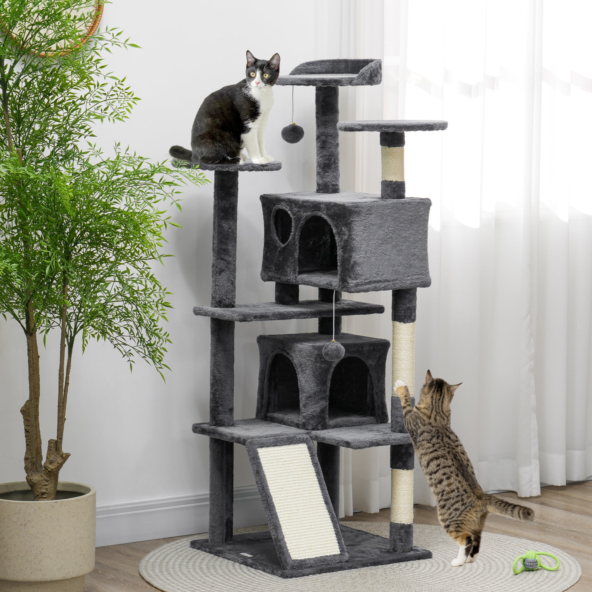 54-inch Multi-Level Cat Tree with Scratching Posts, Condos, Bed, Dark