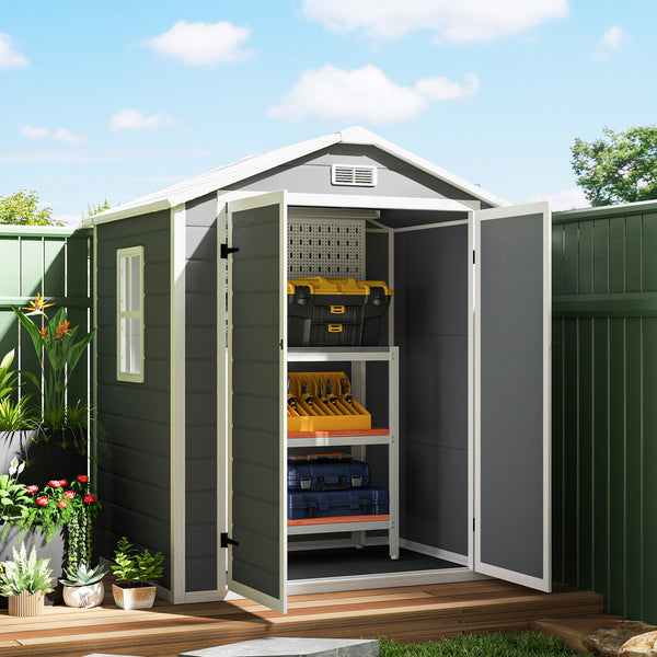 Abri de jardin en plastique avec double porte et aération, gris