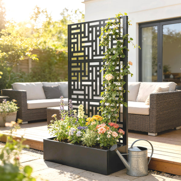 Jardinière surélevée galvanisée avec treillis, bac à fleurs en métal de 180 cm de haut avec écran d'intimité et trous de drainage