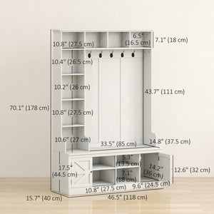 Meuble d'entrée avec banc, porte-manteau, 12 étagères, 2 placards, 5 crochets, aspect bois blanc
