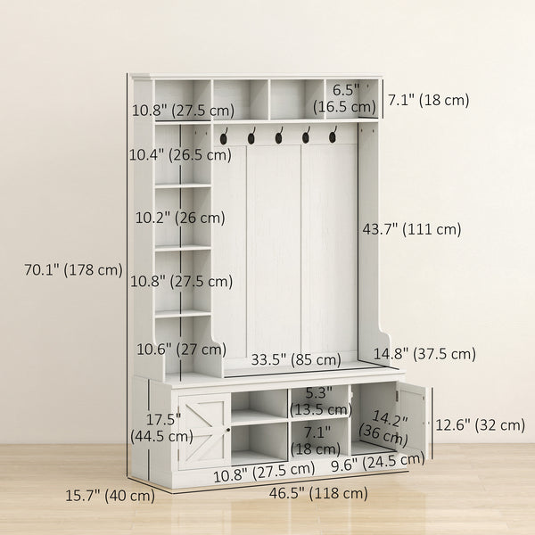 Meuble d'entrée avec banc, porte-manteau, 12 étagères, 2 placards, 5 crochets, aspect bois blanc
