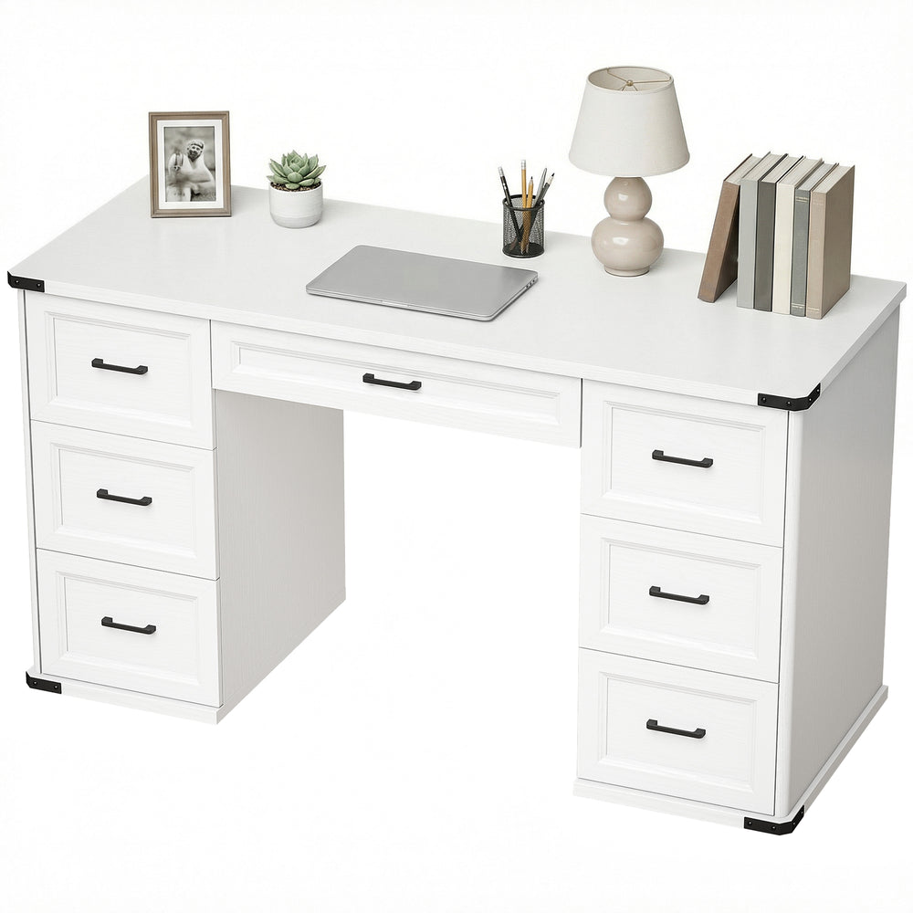 55" Computer Desk with 7 Drawers, Farmhouse Executive Desk for Home Office, Study, Bedroom, White Wood Grain