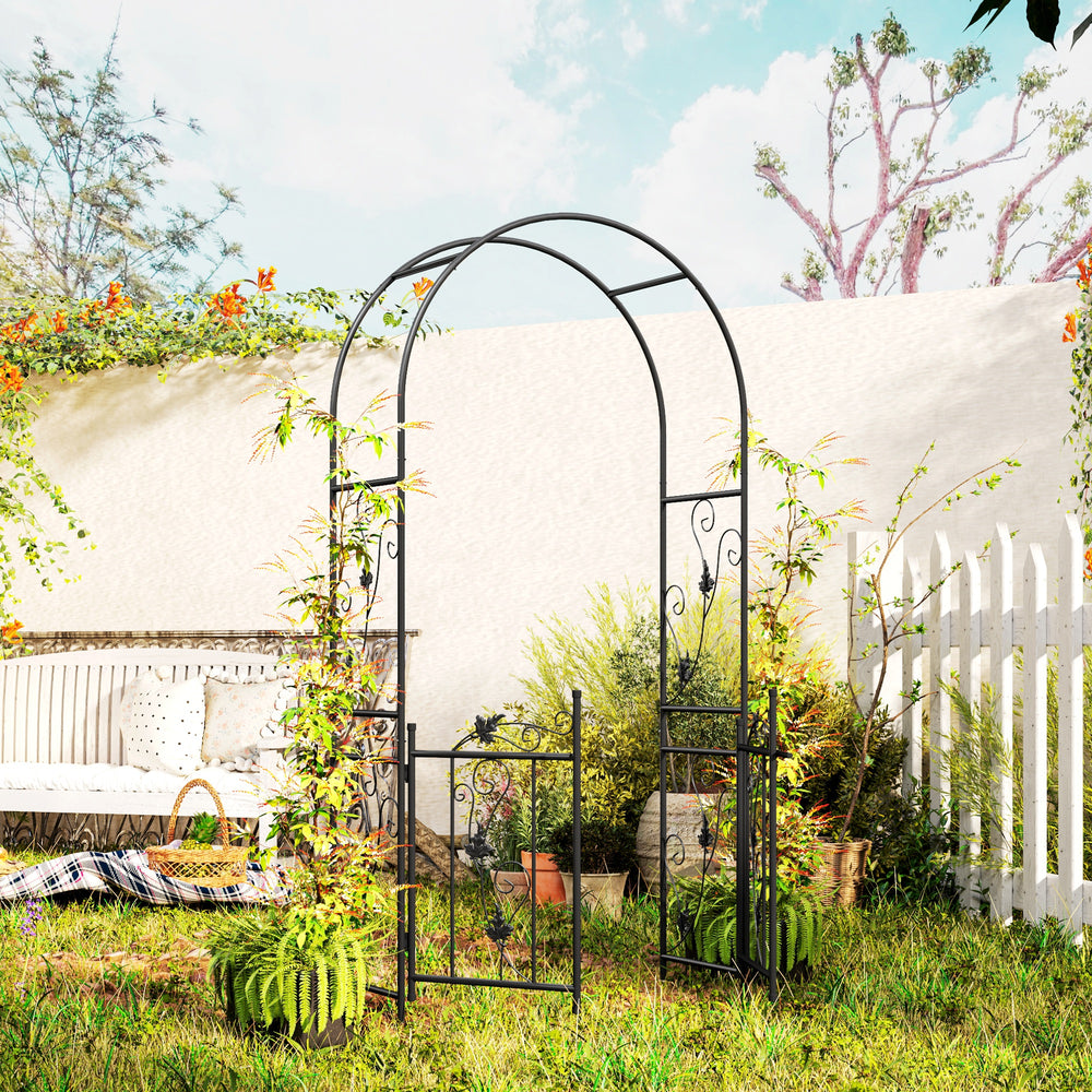 Arche de jardin en acier de 2,1 m avec portail, treillis pour plantes grimpantes, rosiers, vignes, arche de mariage pour extérieur, jardin, pelouse, arrière-cour, noir