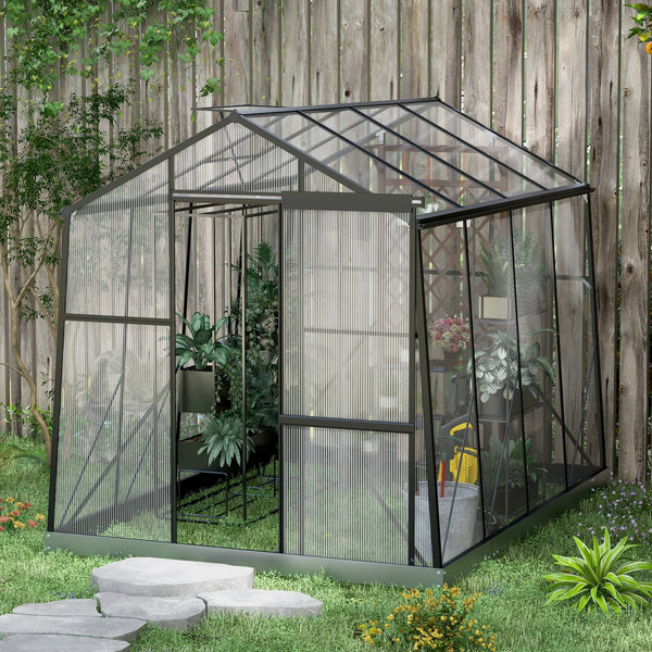 Polycarbonate greenhouse with sliding door, 5-level roof ventilation and gutter