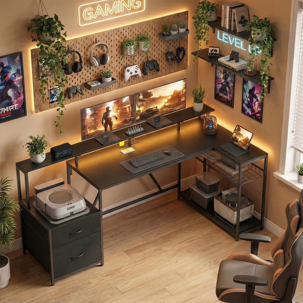 76" Gaming Desk, Reversible Computer Table with RGB Lights, USB Ports, Monitor Stand and 2 Fabric Drawers, Black