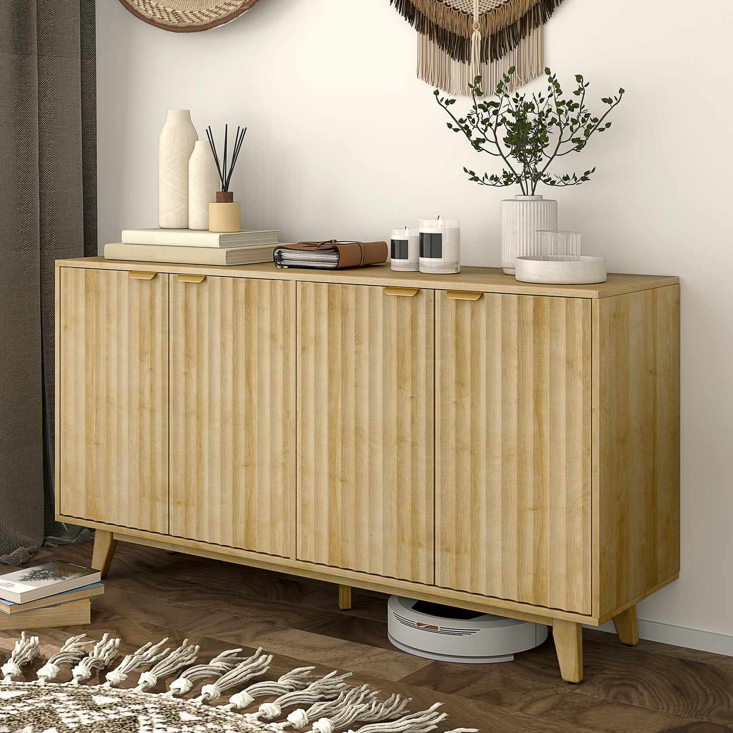 HOMCOM fluted sideboard, 140 cm bar cabinet, 4 doors, 2 adjustable shelves, 5 wooden legs, natural wood