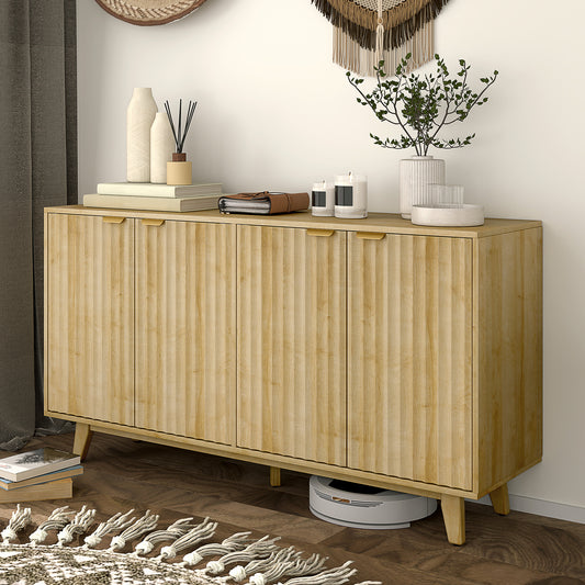 HOMCOM fluted sideboard, 140 cm bar cabinet, 4 doors, 2 adjustable shelves, 5 wooden legs, natural wood