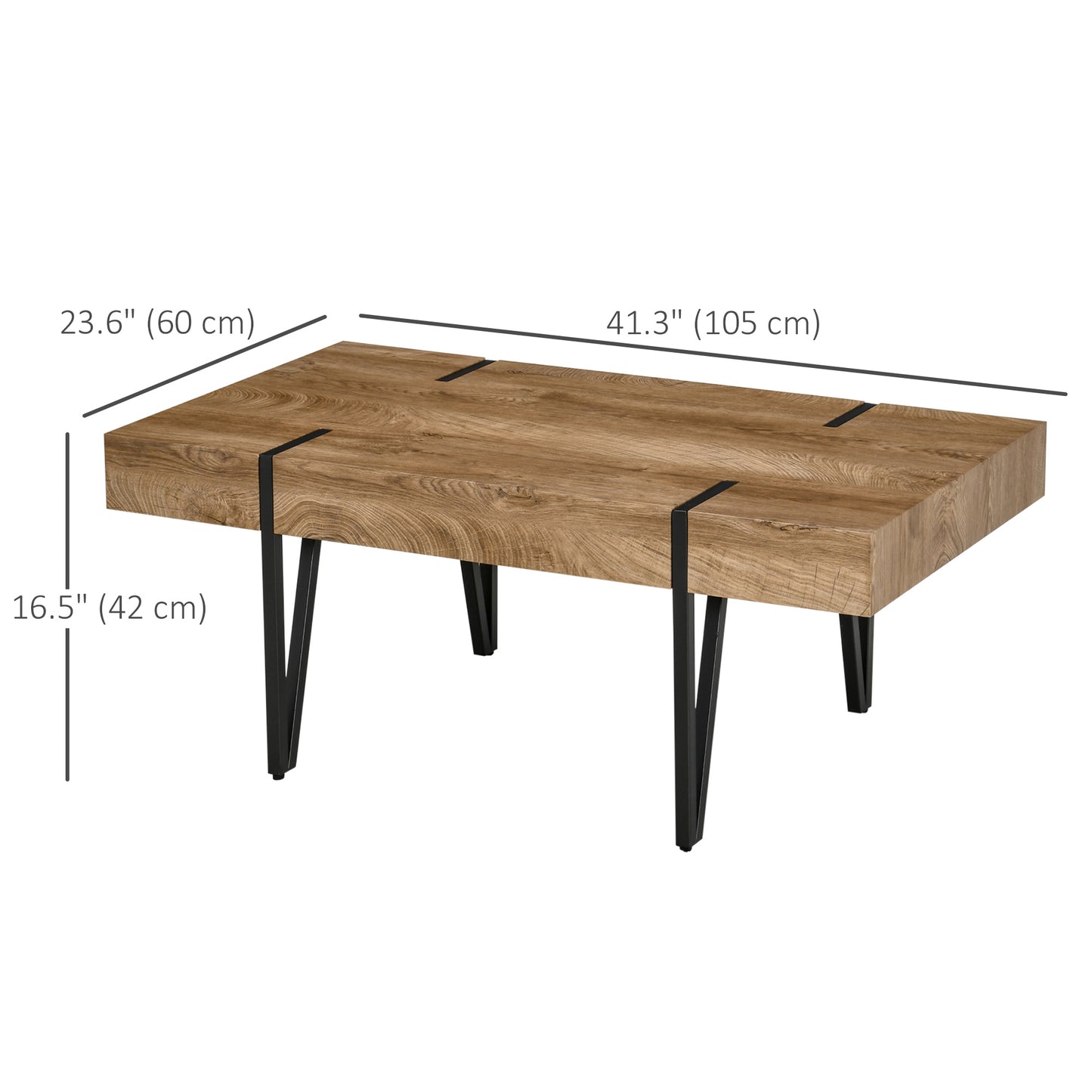 Table basse rustique centrale rectangulaire nature avec pieds en épingle à cheveux en acier pour salon