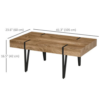 Table basse rustique centrale rectangulaire nature avec pieds en épingle à cheveux en acier pour salon