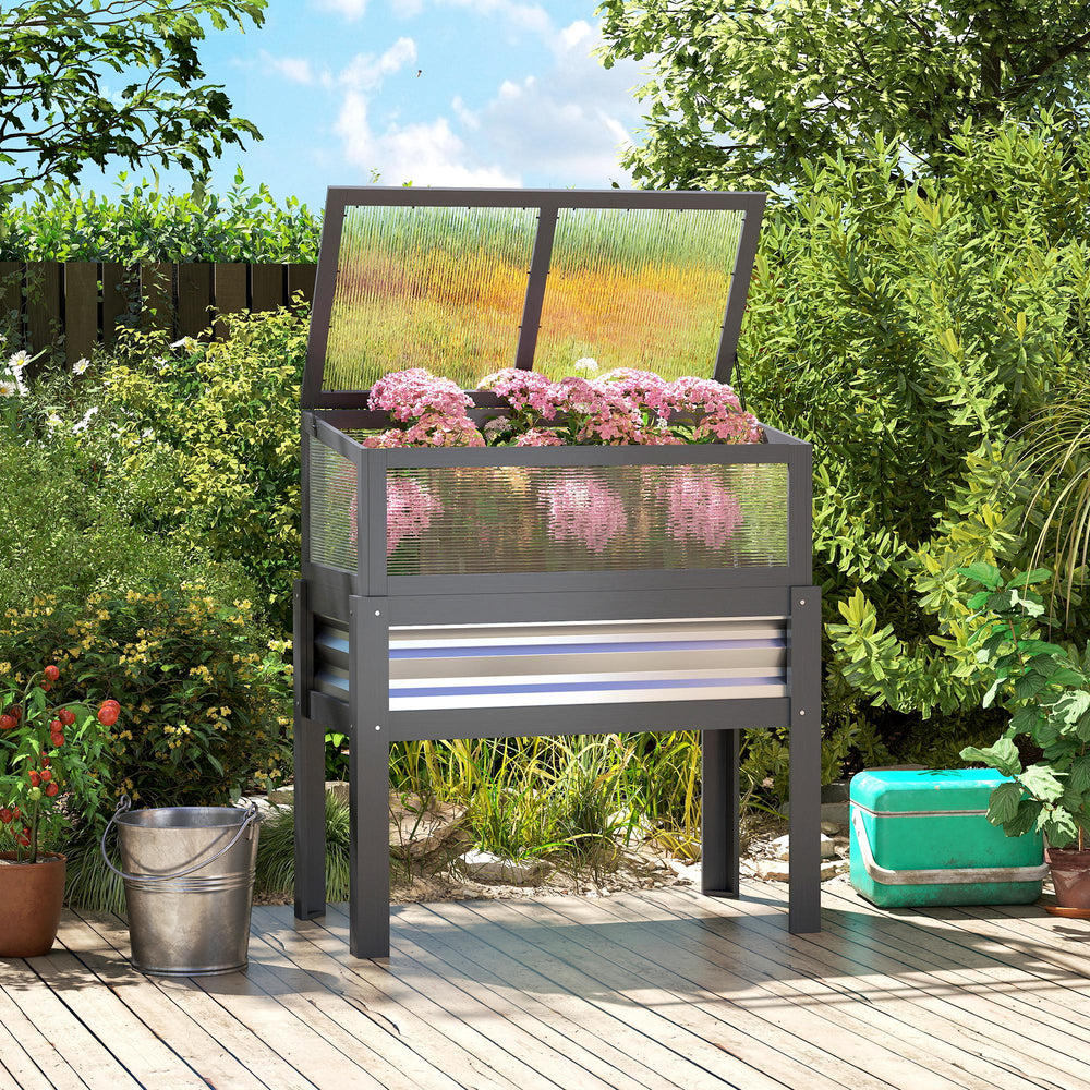 Raised planter with liftable greenhouse roof in wood with legs and lining, grey