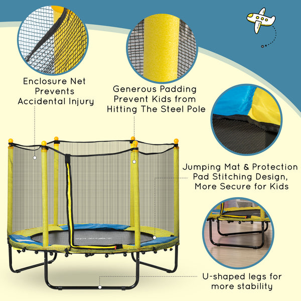 Trampoline de 1,4 m pour enfants avec filet de protection, pour l'intérieur et l'extérieur, jaune