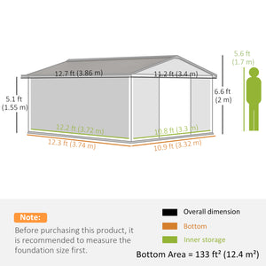 Abri de jardin 11' x 13' avec ensemble de fondation, en métal avec portes doubles, blanc