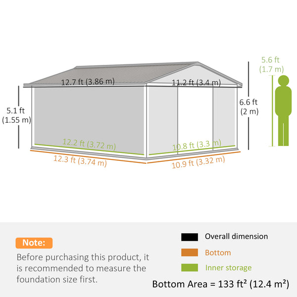 Abri de jardin 11' x 13' avec ensemble de fondation, en métal avec portes doubles, blanc