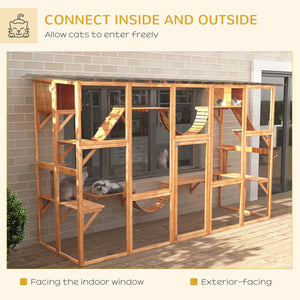 Large cat enclosure with niches, platforms, ladders and sturdy roof, orange.