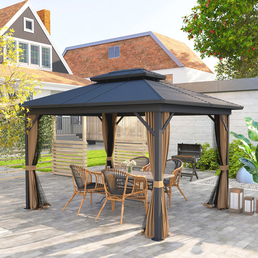 Gazebo 10' x 12' à toit rigide, abri solaire avec toit métallique à deux niveaux, moustiquaire et crochet de suspension, brun foncé