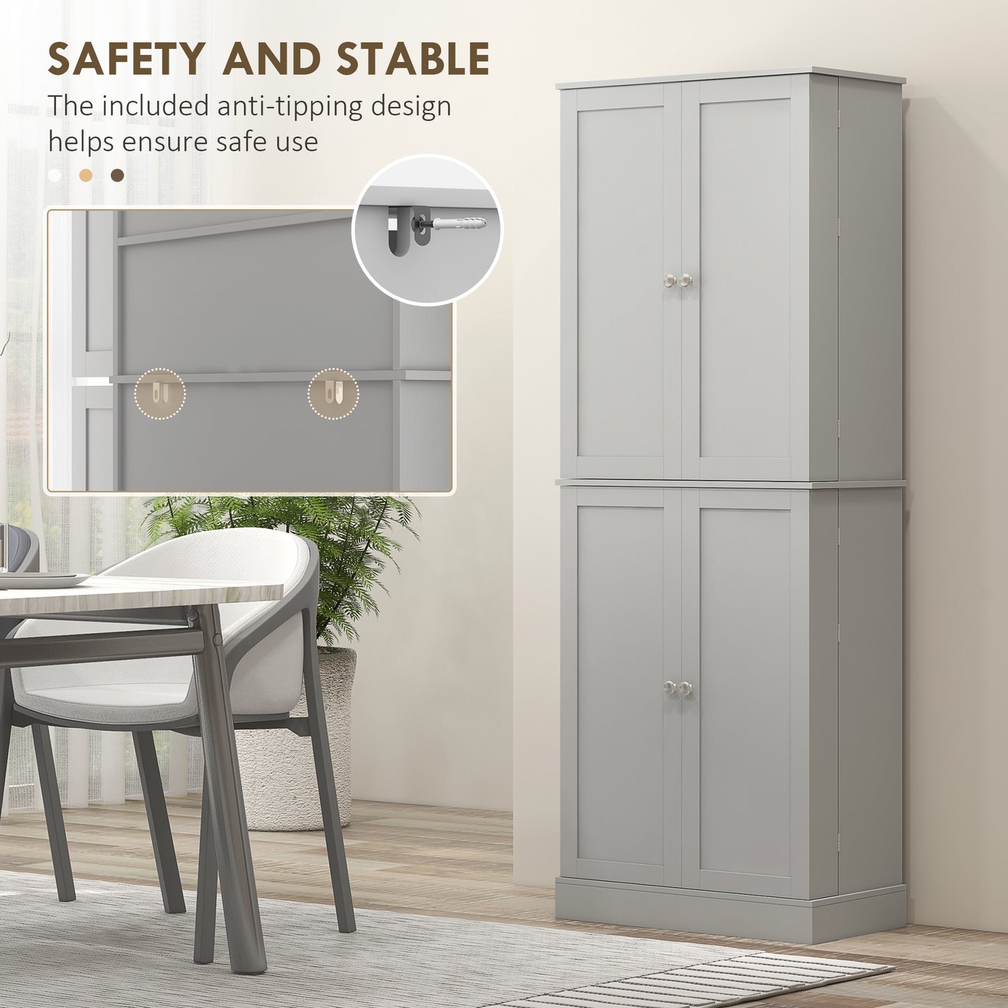 65-inch Kitchen Cabinet, Pantry with 4 Doors and 16 Shelves for Dining Room, Gray