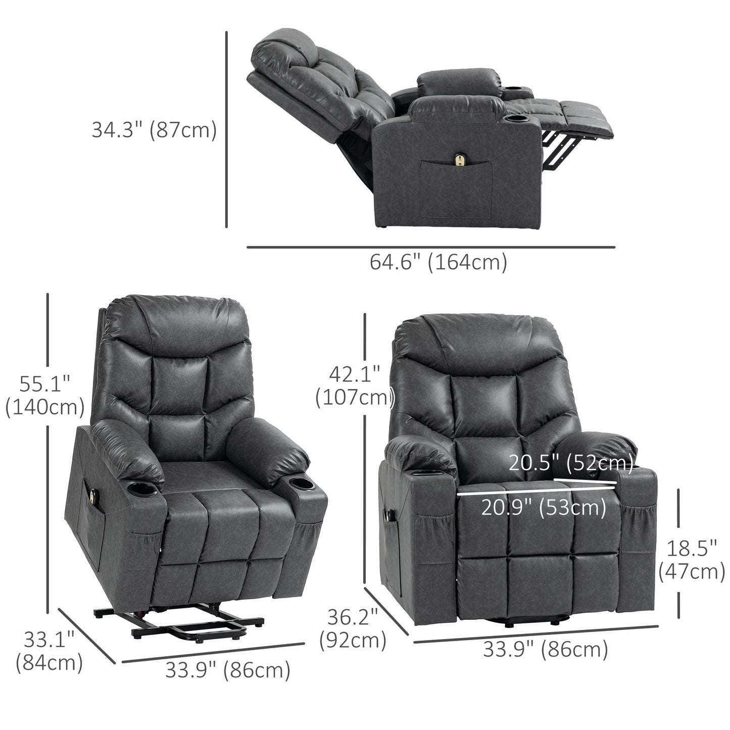 Fauteuil releveur inclinable électrique en cuir avec montage rapide, télécommande, porte-gobelets, poches latérales, gris