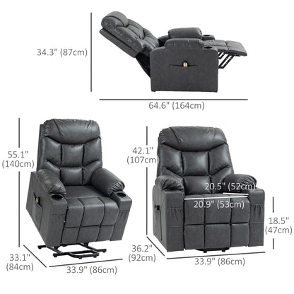 Fauteuil releveur inclinable électrique en cuir avec montage rapide, télécommande, porte-gobelets, poches latérales, gris