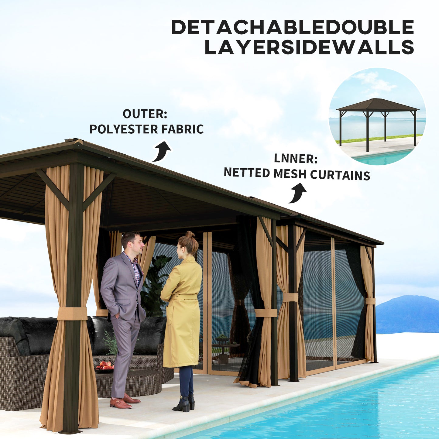 Gazebo 10' x 12' de luxe à toit rigide avec cadre en aluminium pour patio, café