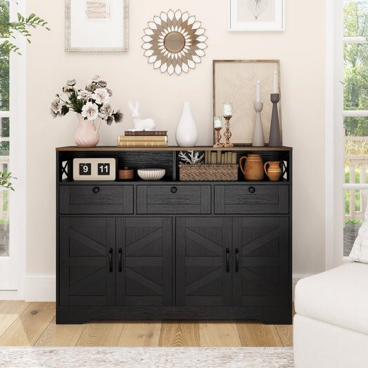 Buffet avec 4 portes de grange et 3 tiroirs, meuble bar à café avec étagères réglables, noir