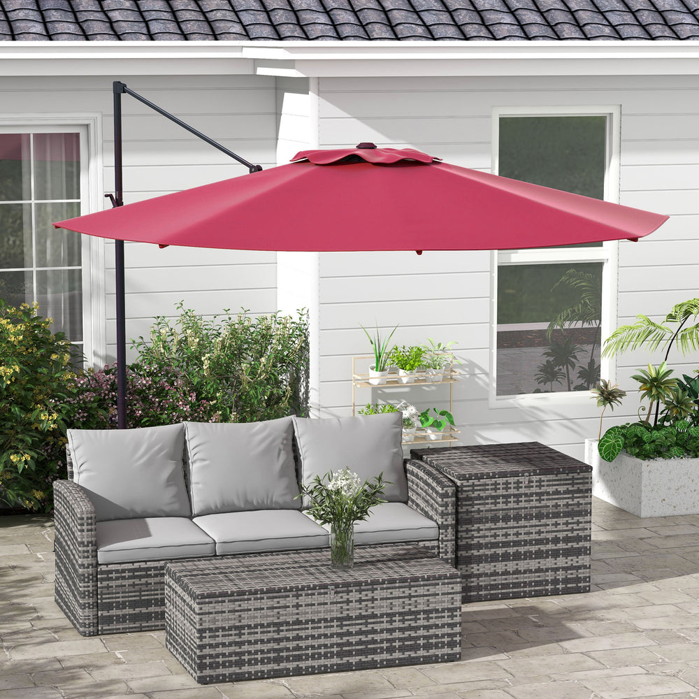 Parasol déporté 3m suspendu en aluminium avec rotation à 360°, manivelle, inclinaison, base croisée, rouge
